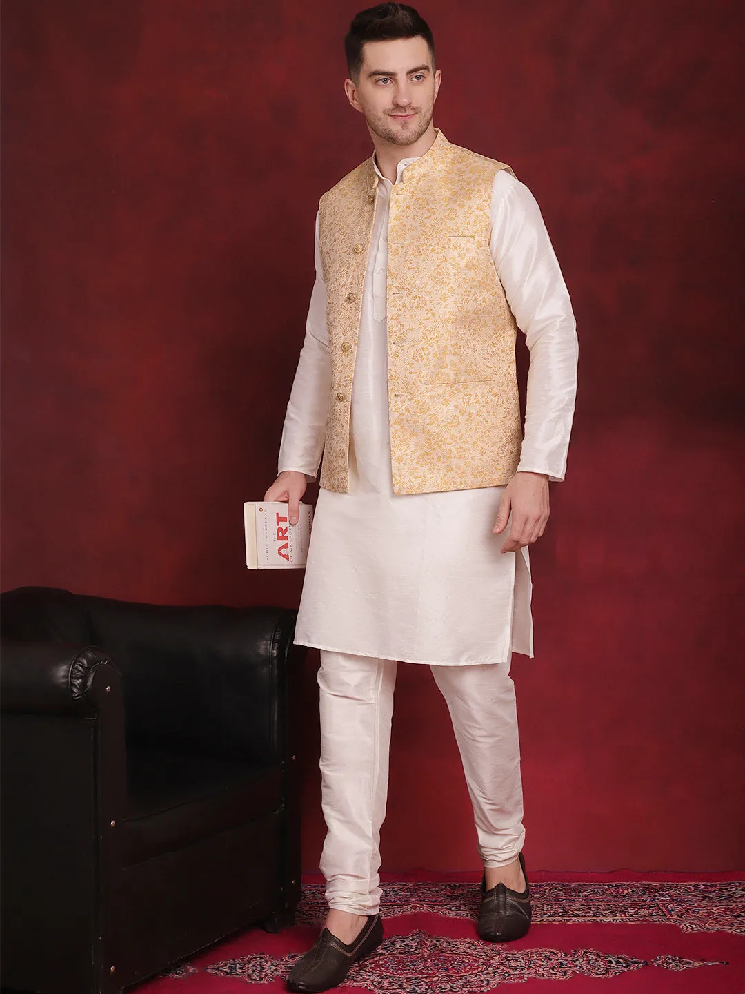 Golden Woven Design Nehru Jacket