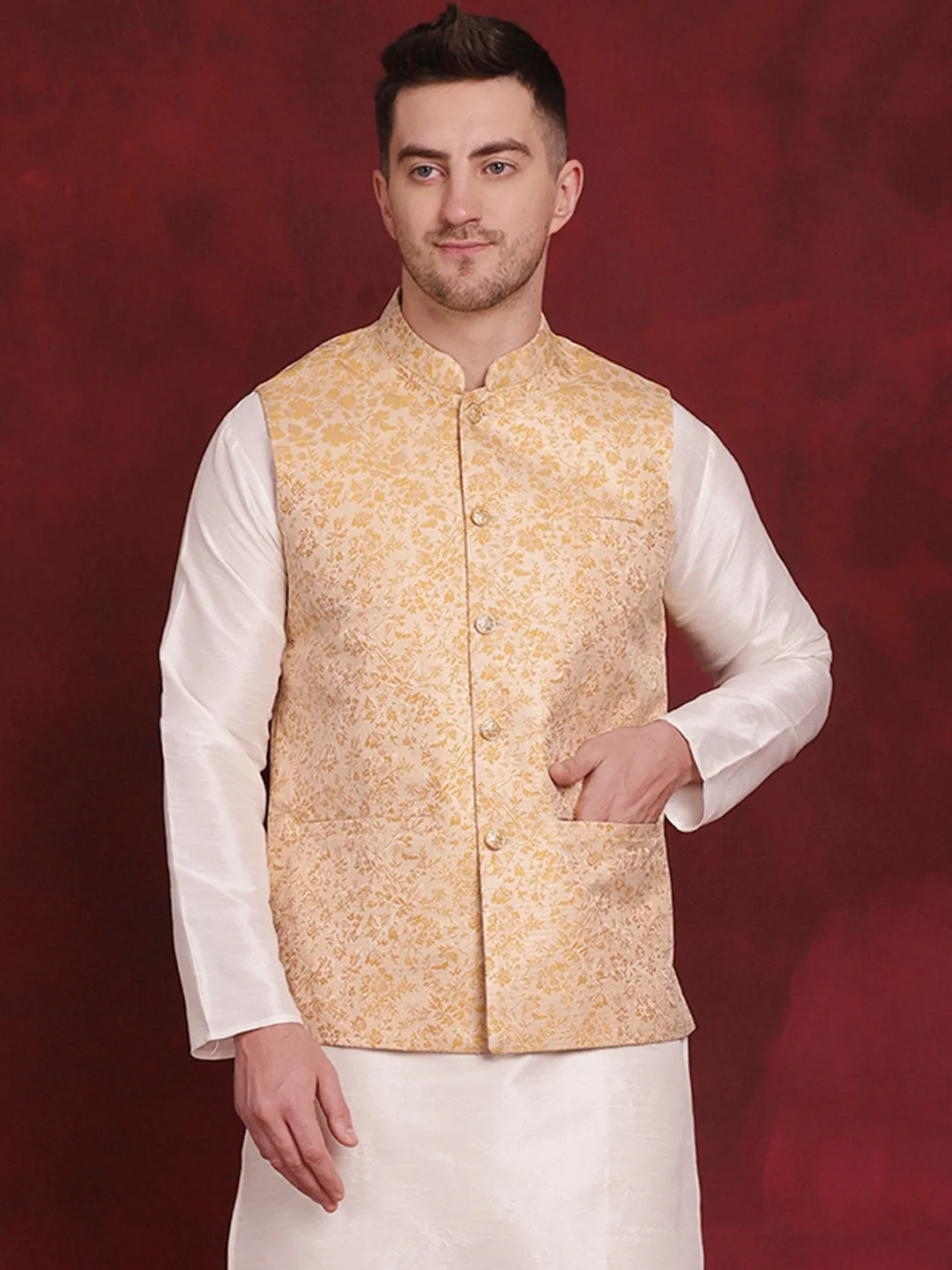 Golden Woven Design Nehru Jacket