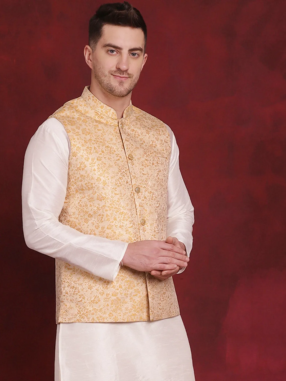 Golden Woven Design Nehru Jacket