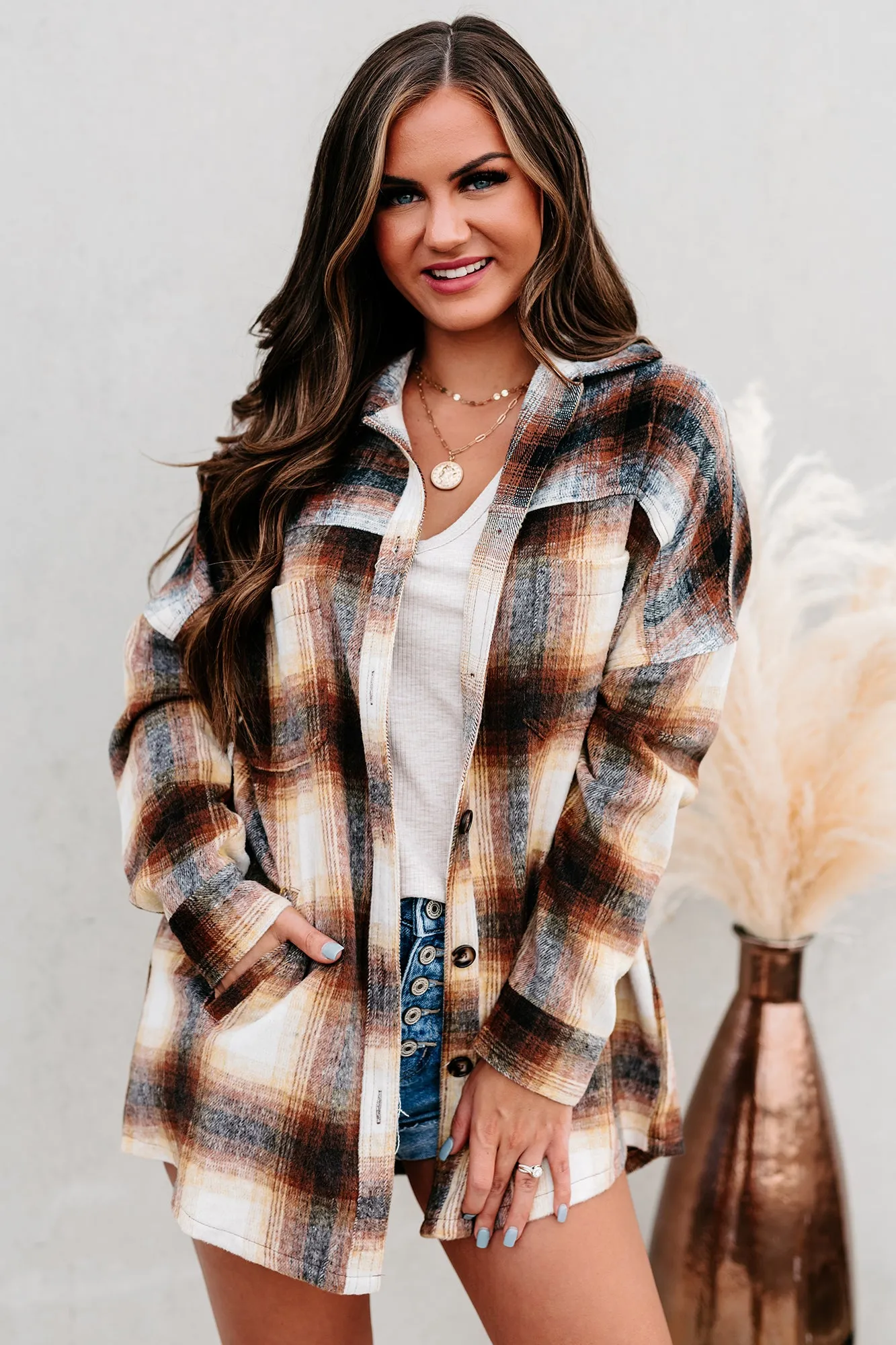 Good To Be Plaid Oversized Plaid Flannel (Brown/Mustard)