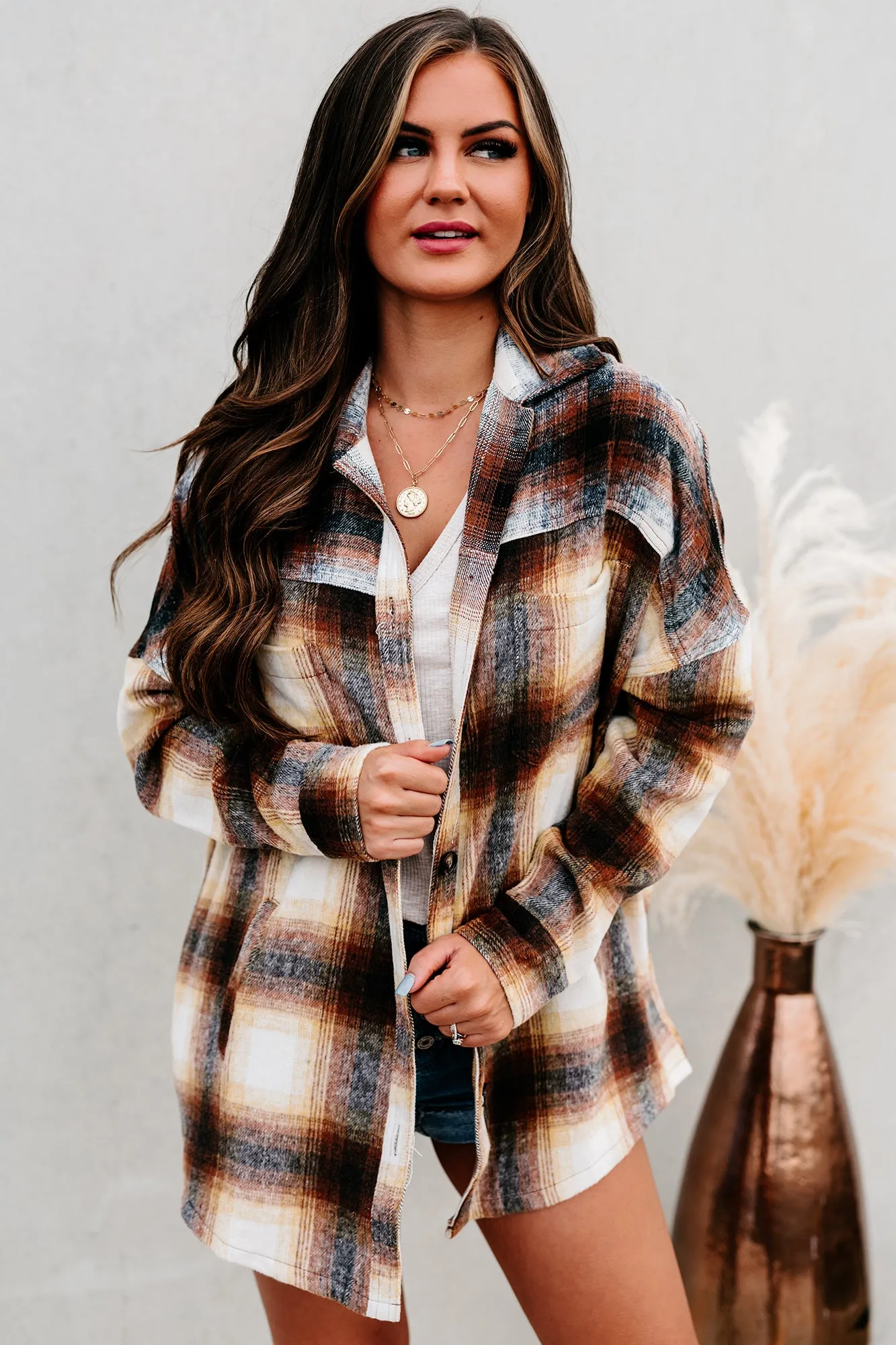 Good To Be Plaid Oversized Plaid Flannel (Brown/Mustard)