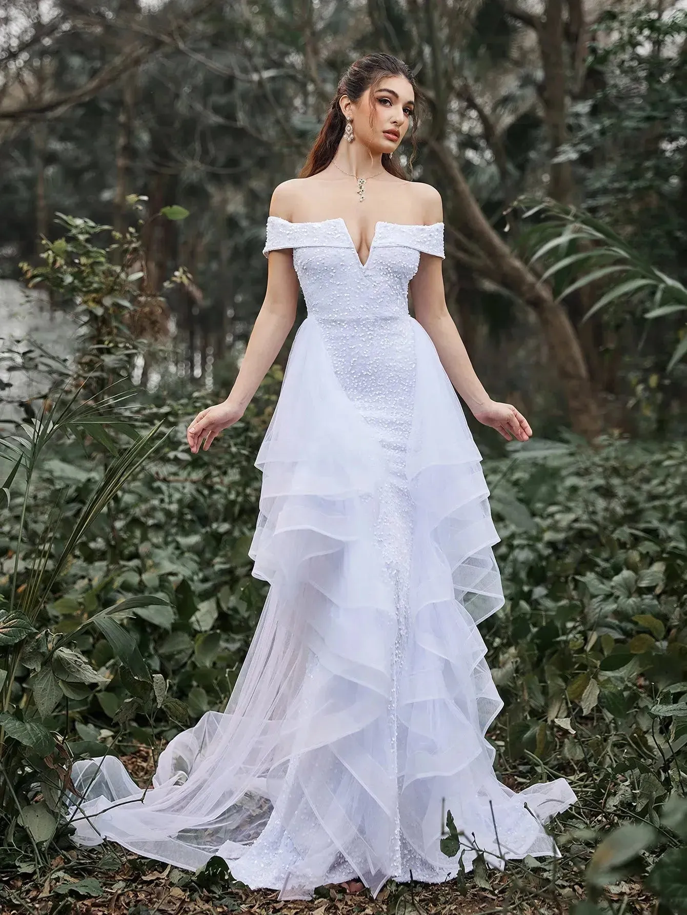 Gorgeous Off Shoulder Asymmetrical Tulle Overlay Sequin Wedding Dress