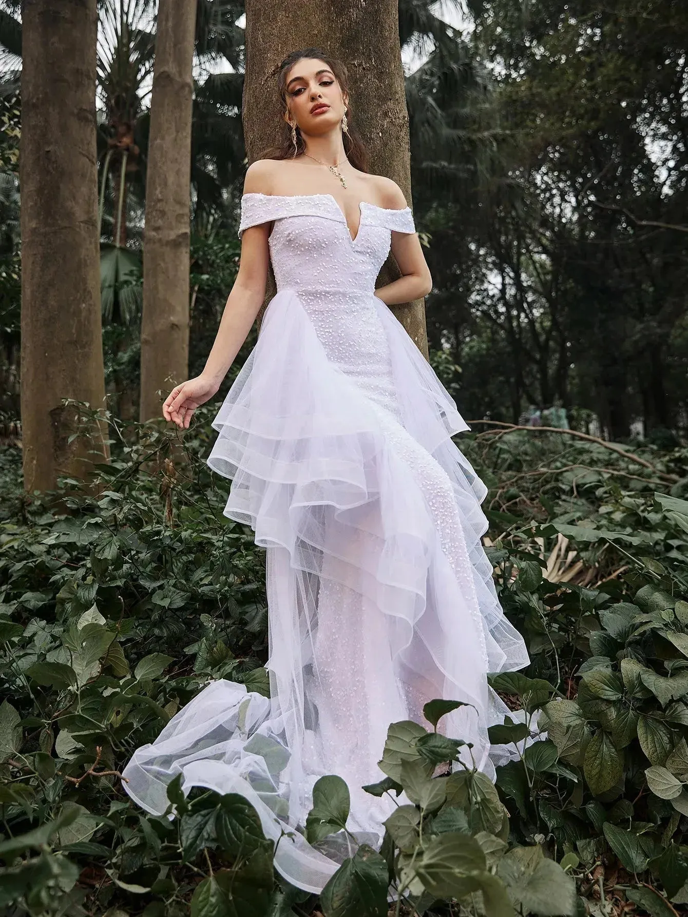 Gorgeous Off Shoulder Asymmetrical Tulle Overlay Sequin Wedding Dress