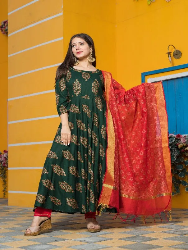 Green & Red Gold Printed Rayon Fared Anarkali Set (Set of 3)