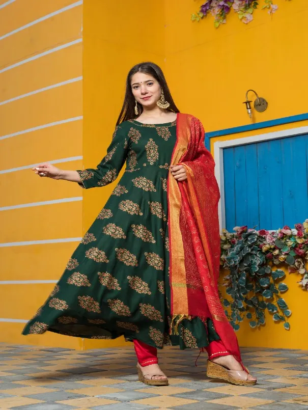 Green & Red Gold Printed Rayon Fared Anarkali Set (Set of 3)