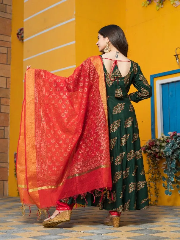 Green & Red Gold Printed Rayon Fared Anarkali Set (Set of 3)