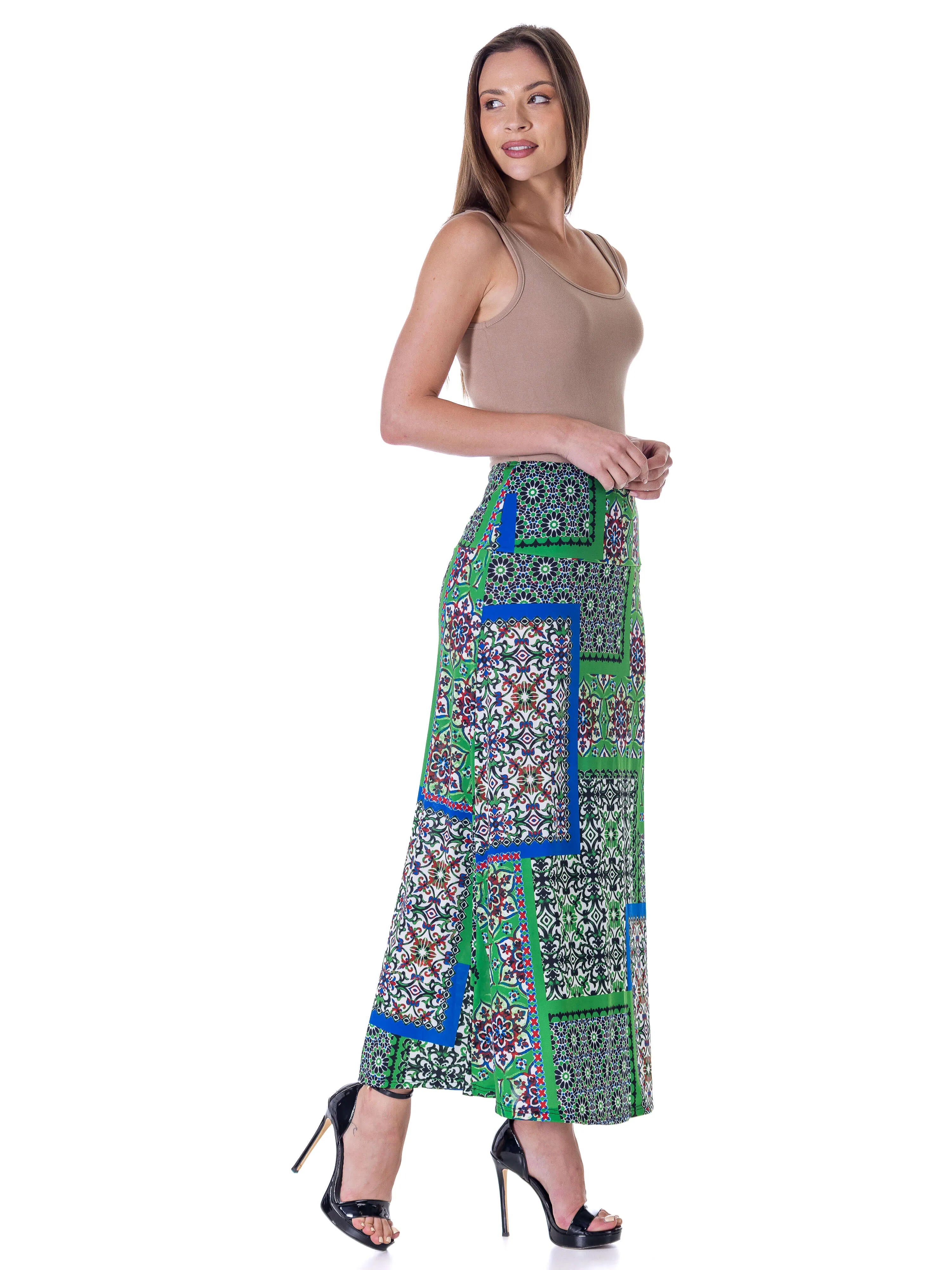 Green Scarf Print Elastic Waist Ankle Length Comfortable Maxi Skirt