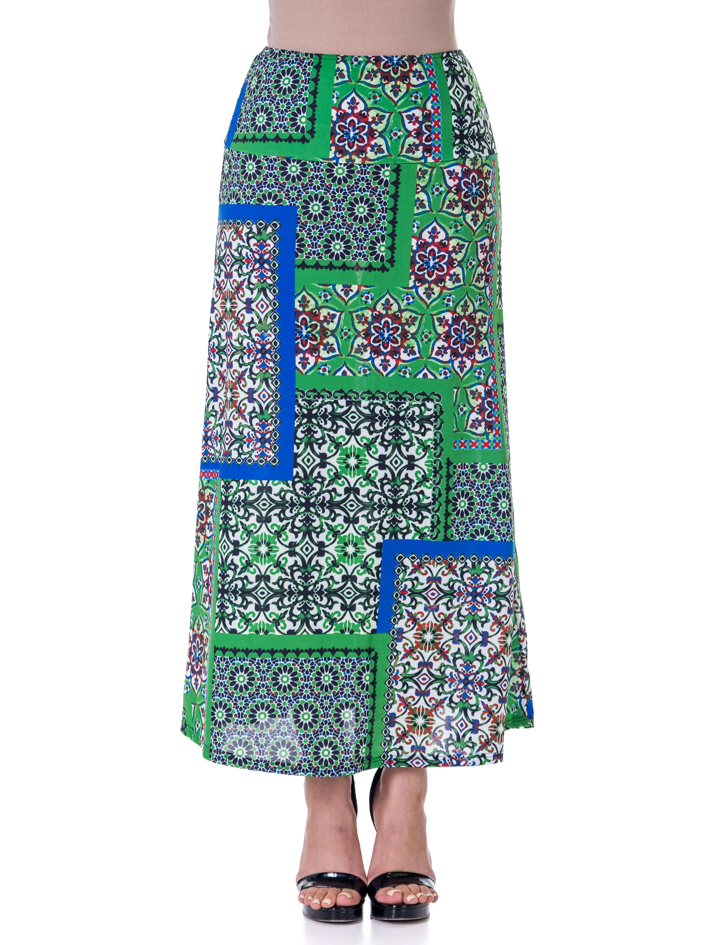 Green Scarf Print Elastic Waist Ankle Length Comfortable Maxi Skirt