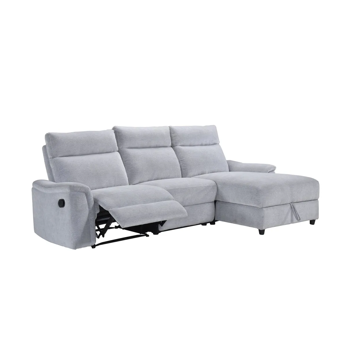 Grey Chenille 3-Piece Sectional with Storage Chaise & Recliner