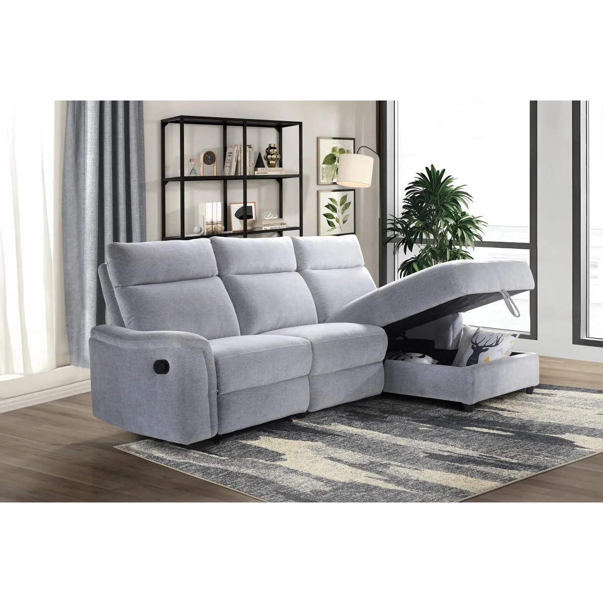 Grey Chenille 3-Piece Sectional with Storage Chaise & Recliner