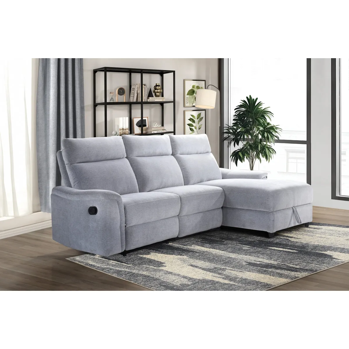 Grey Chenille 3-Piece Sectional with Storage Chaise & Recliner