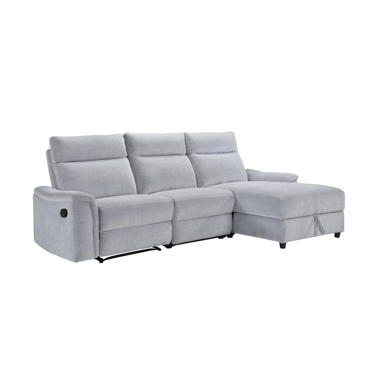 Grey Chenille 3-Piece Sectional with Storage Chaise & Recliner