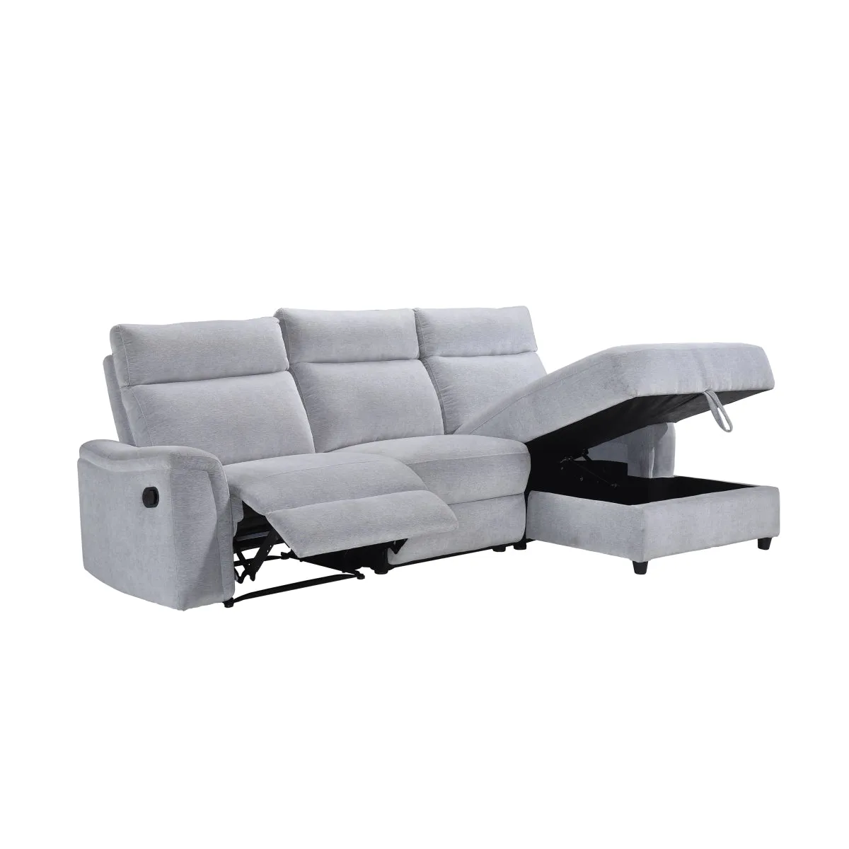 Grey Chenille 3-Piece Sectional with Storage Chaise & Recliner