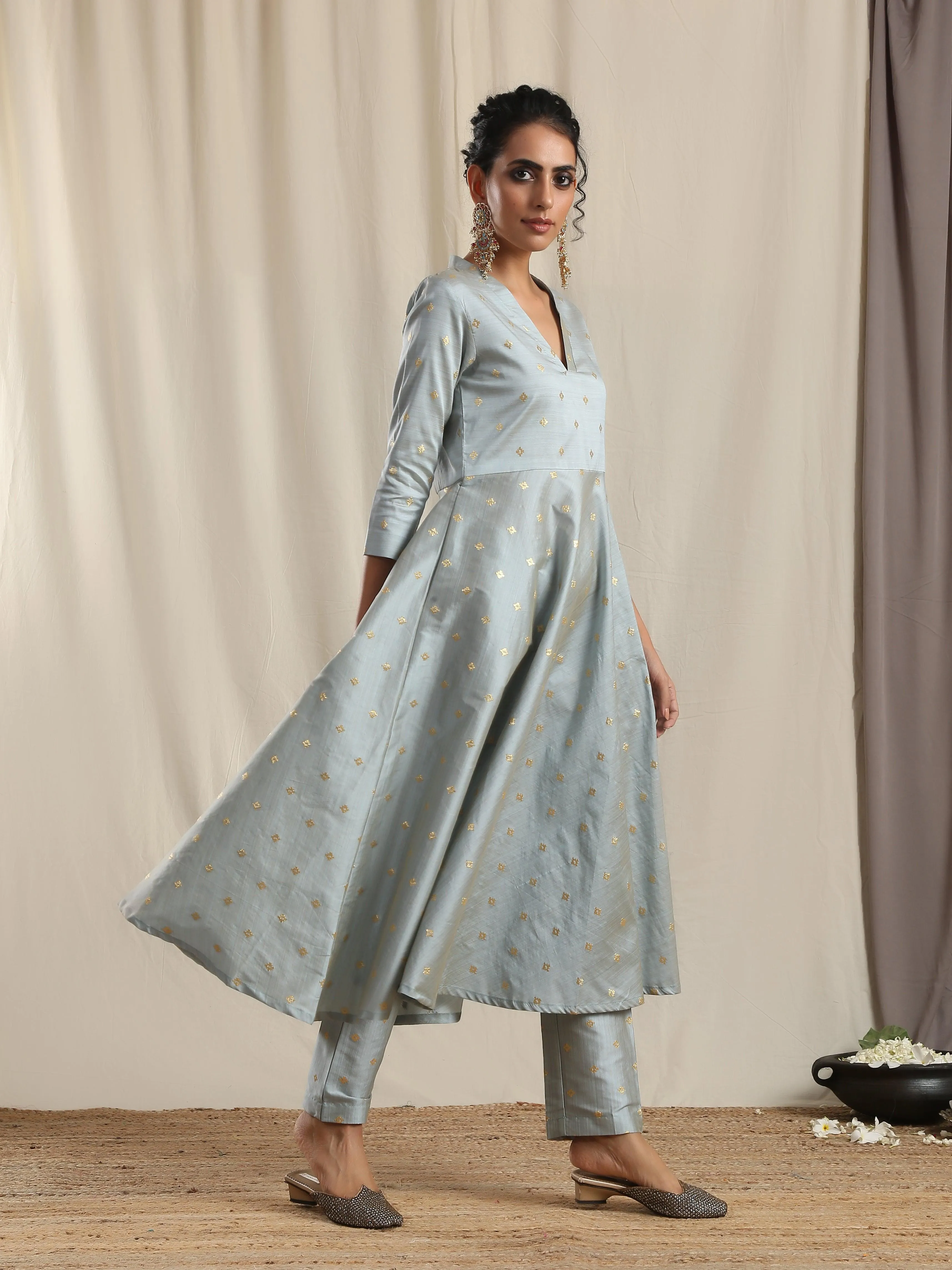 Grey Silk Flared Kurta Pant Set