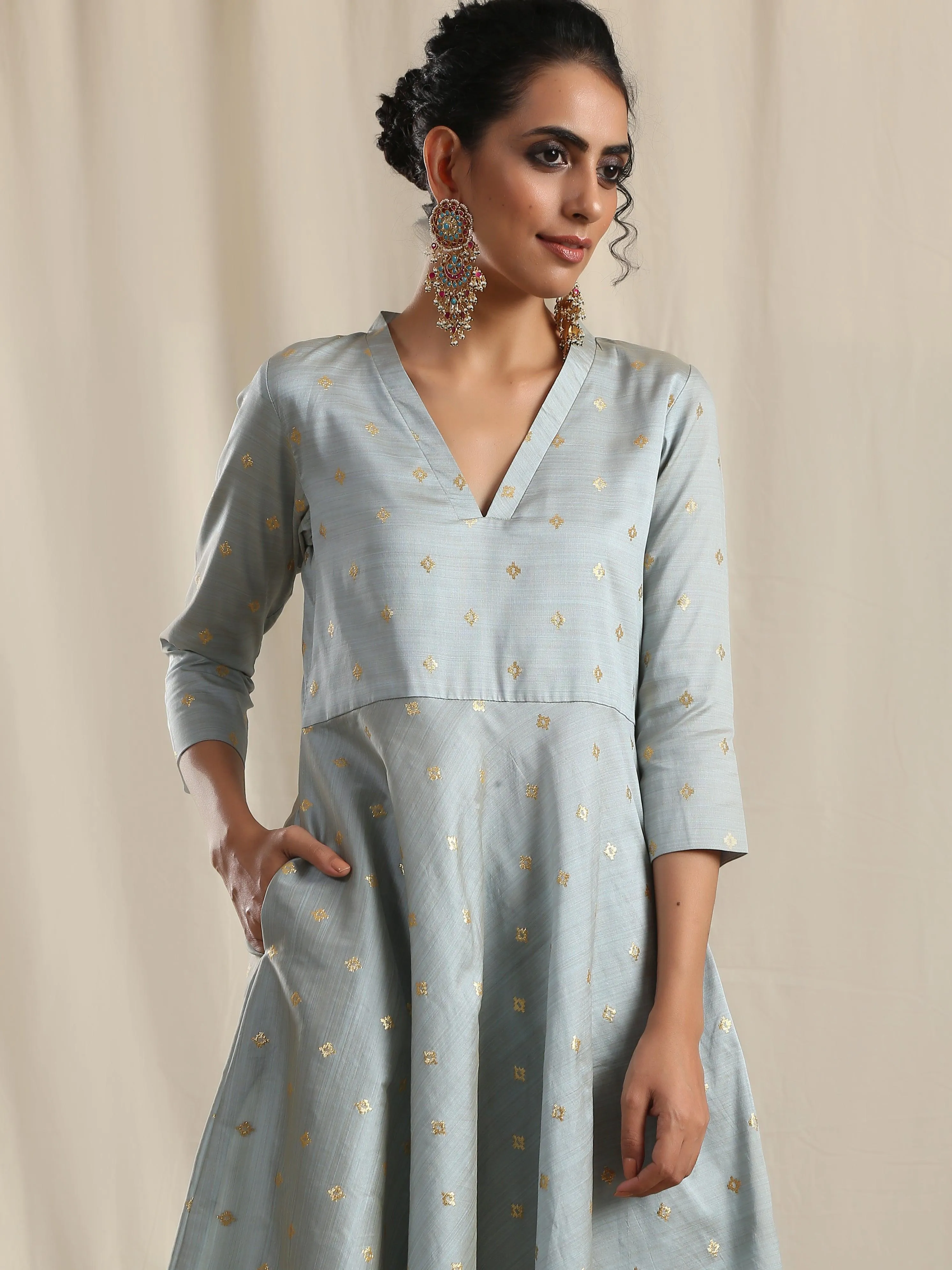 Grey Silk Flared Kurta Pant Set