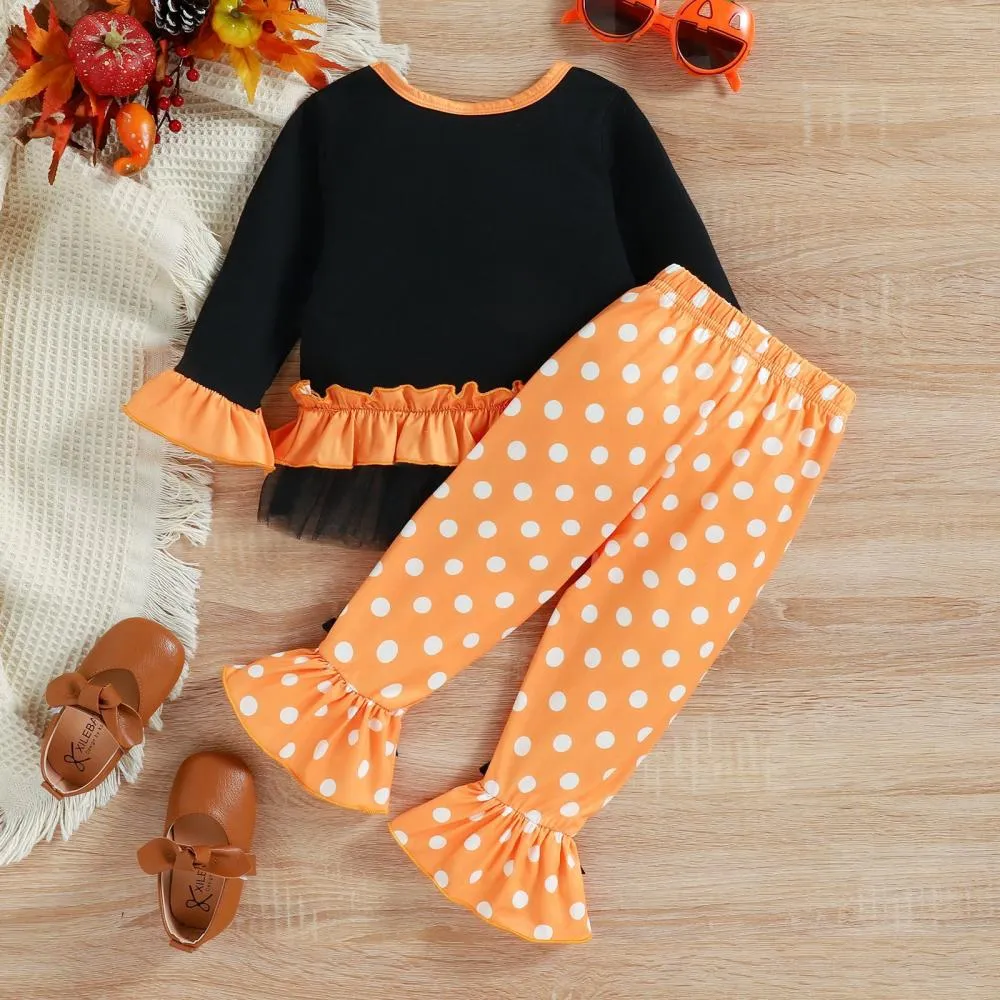 Halloween Girls Autumn Pumpkin Patch Polka Dot Flared Two-piece Set Wholesale Girls Clothes