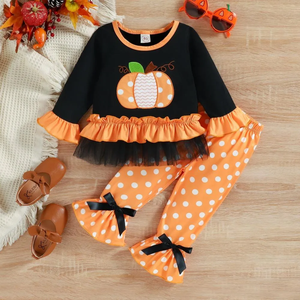 Halloween Girls Autumn Pumpkin Patch Polka Dot Flared Two-piece Set Wholesale Girls Clothes