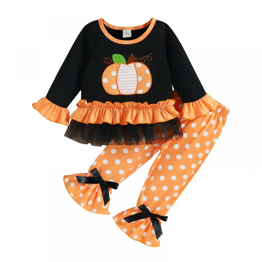 Halloween Girls Autumn Pumpkin Patch Polka Dot Flared Two-piece Set Wholesale Girls Clothes