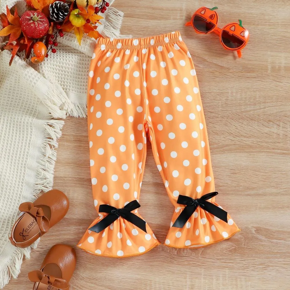 Halloween Girls Autumn Pumpkin Patch Polka Dot Flared Two-piece Set Wholesale Girls Clothes