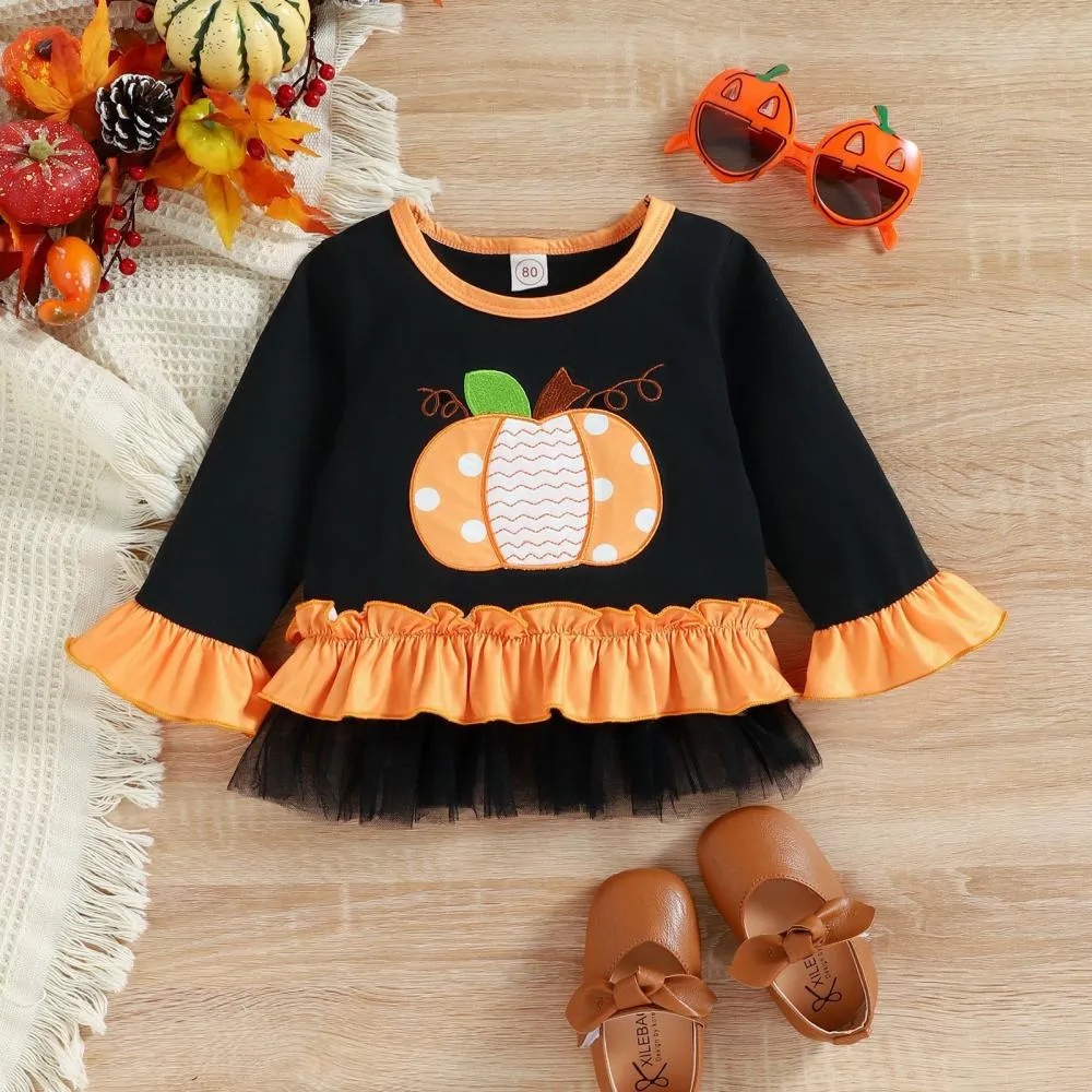 Halloween Girls Autumn Pumpkin Patch Polka Dot Flared Two-piece Set Wholesale Girls Clothes