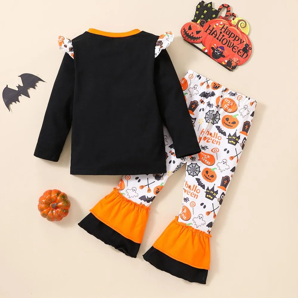 Halloween Spring Autumn Girls Pumpkin Long Sleeve Top Flared Pants Two Piece Set Wholesale Girls Clothes