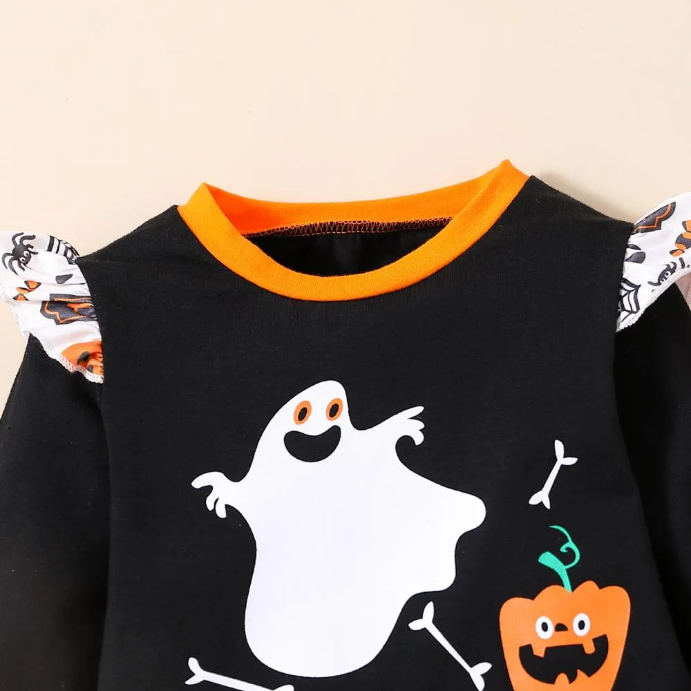 Halloween Spring Autumn Girls Pumpkin Long Sleeve Top Flared Pants Two Piece Set Wholesale Girls Clothes