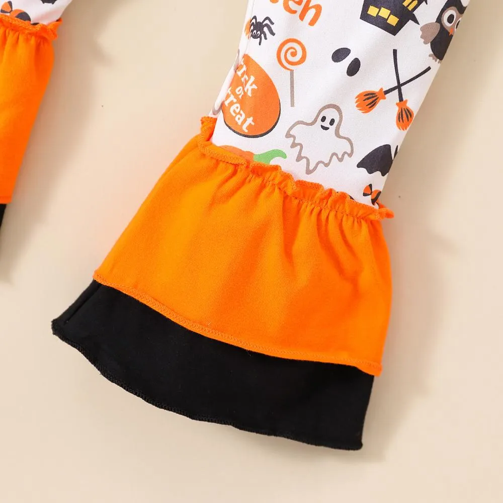 Halloween Spring Autumn Girls Pumpkin Long Sleeve Top Flared Pants Two Piece Set Wholesale Girls Clothes