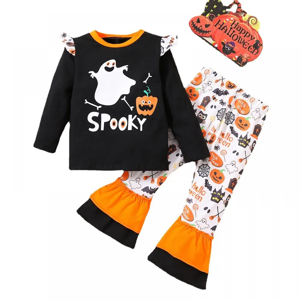 Halloween Spring Autumn Girls Pumpkin Long Sleeve Top Flared Pants Two Piece Set Wholesale Girls Clothes