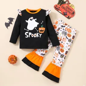 Halloween Spring Autumn Girls Pumpkin Long Sleeve Top Flared Pants Two Piece Set Wholesale Girls Clothes