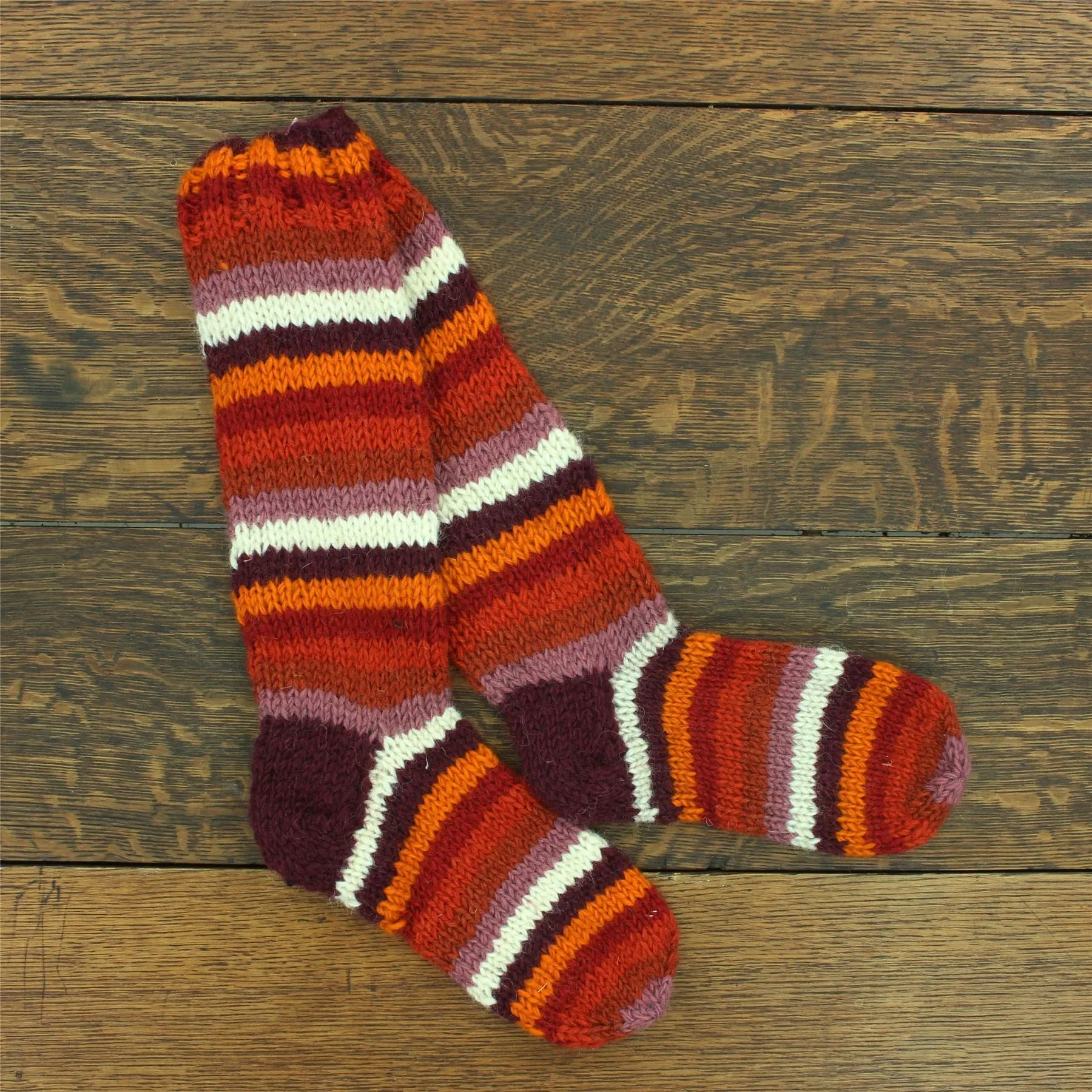 Hand Knitted Wool Long Socks - Stripe Rust