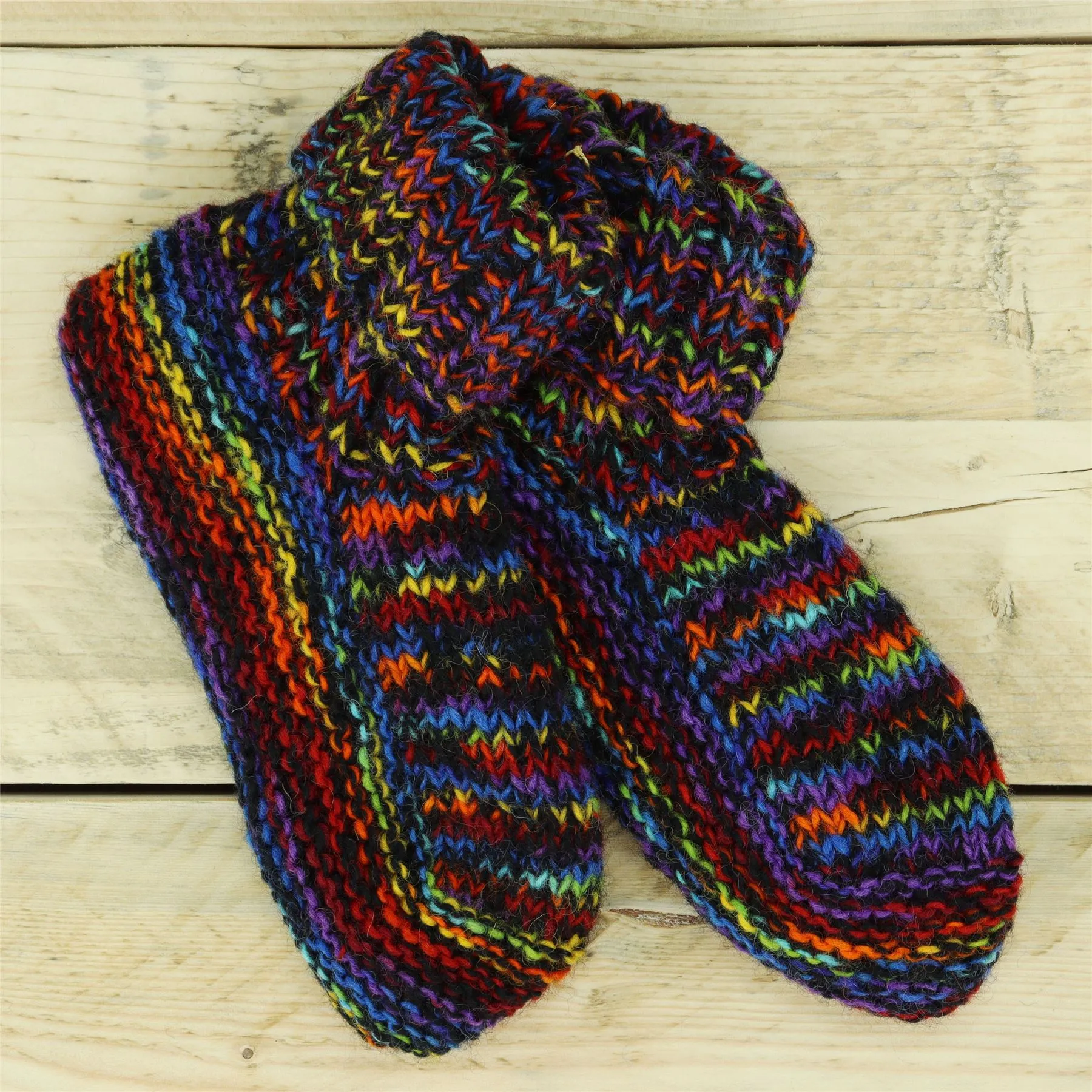 Hand Knitted Wool Slipper Socks - SD Black Rainbow