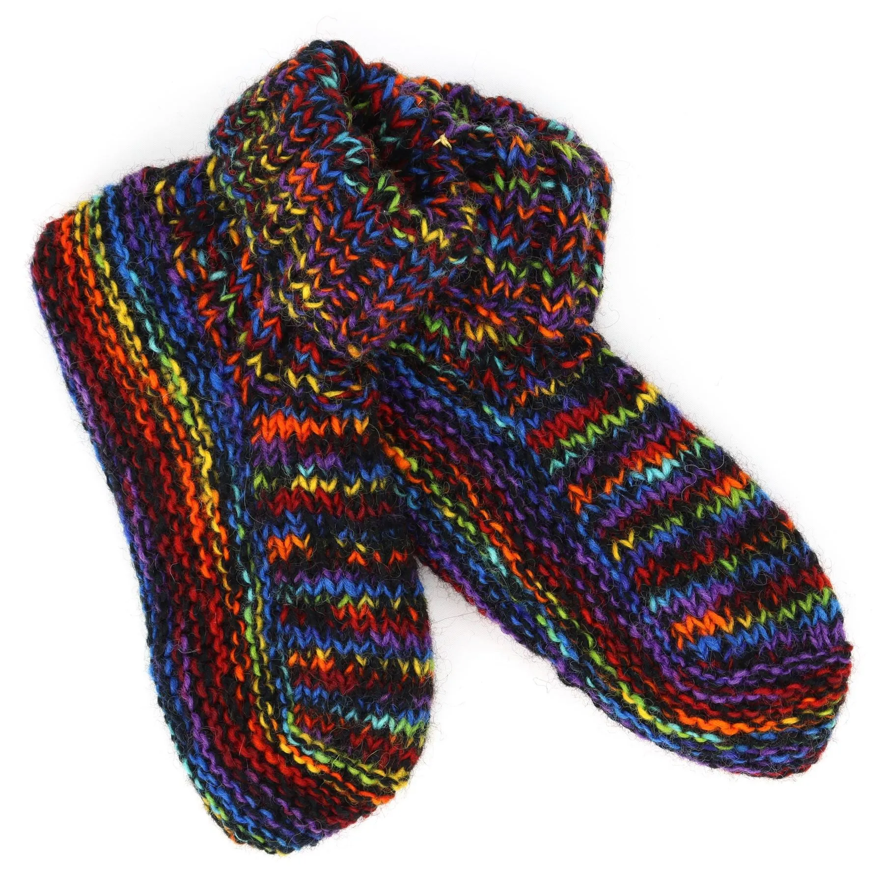 Hand Knitted Wool Slipper Socks - SD Black Rainbow