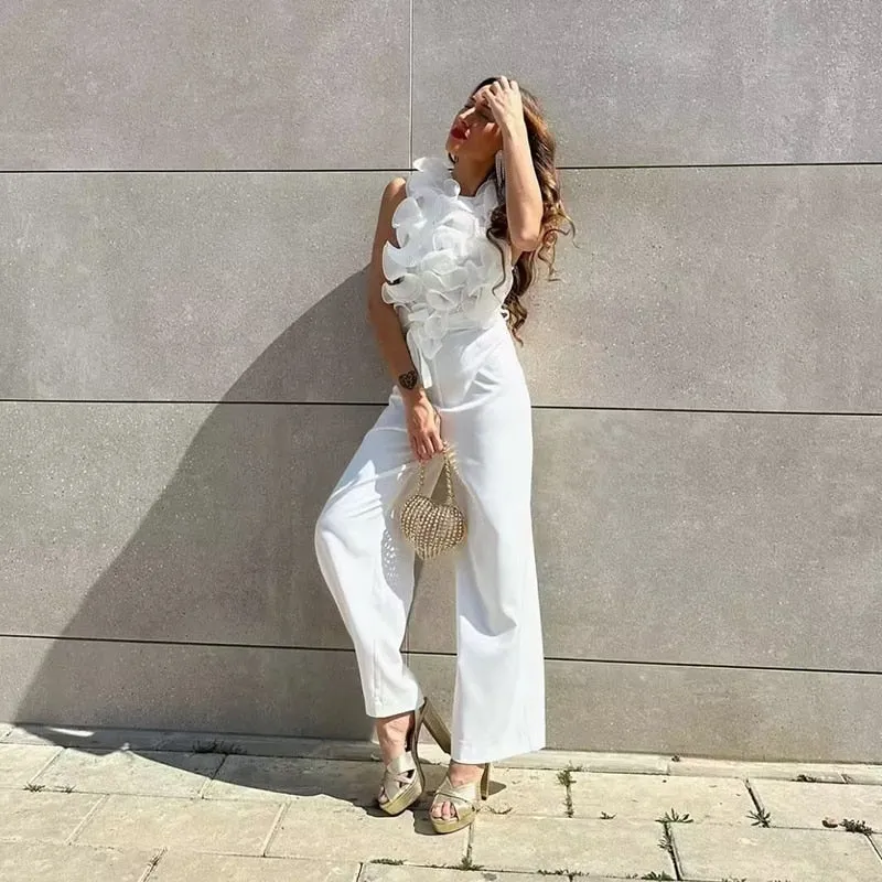 High-fashion Sleeveless Ruffle Top Overall Romper