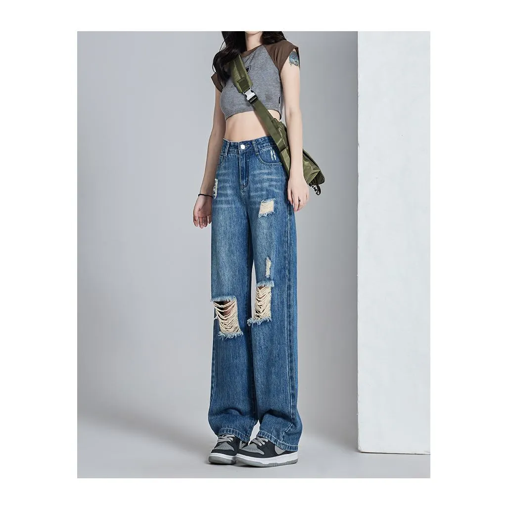 High-Waisted Thin Distressed Loose Fit Straight Leg Jeans