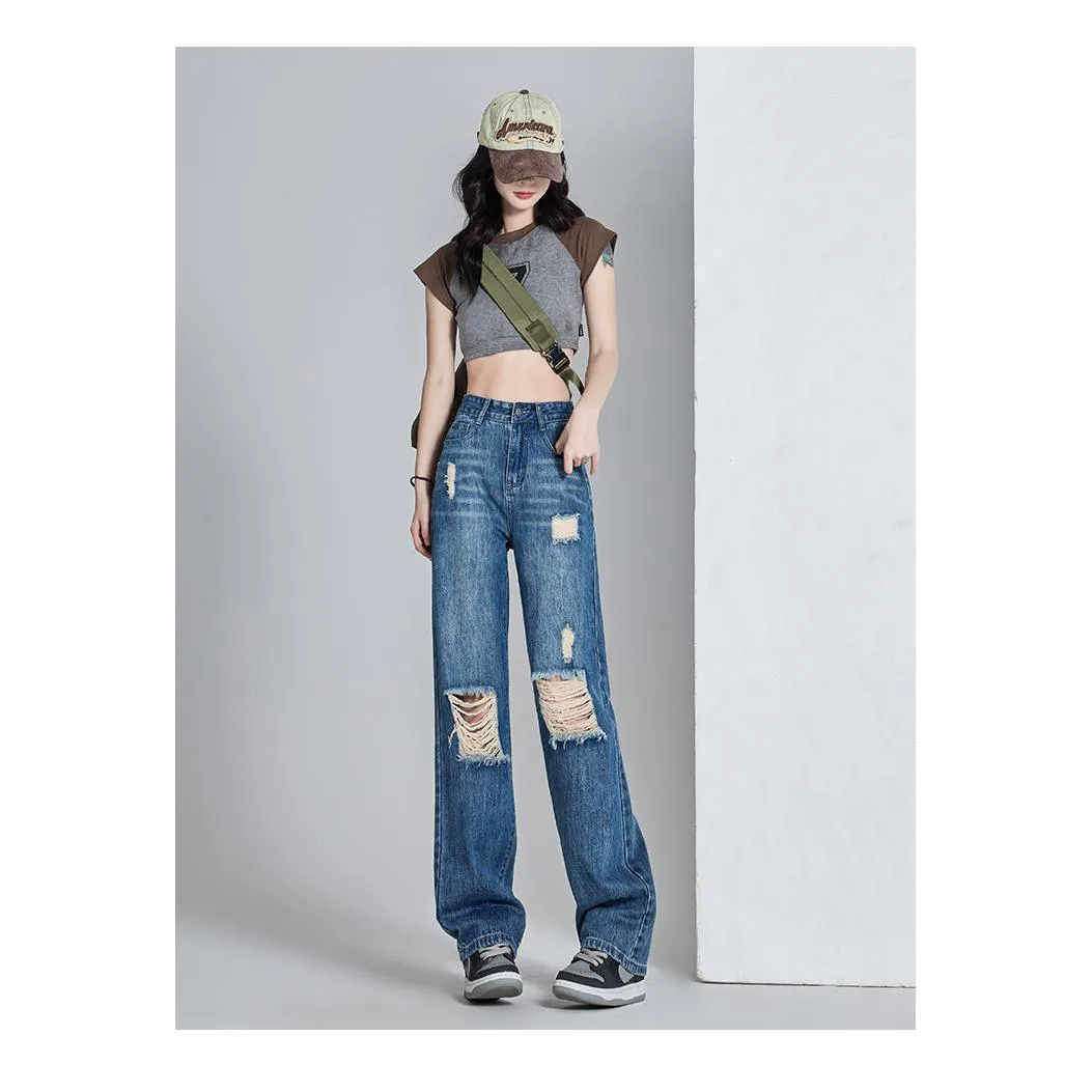 High-Waisted Thin Distressed Loose Fit Straight Leg Jeans