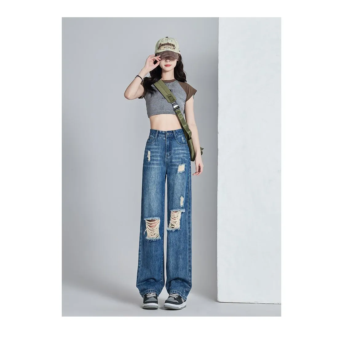 High-Waisted Thin Distressed Loose Fit Straight Leg Jeans