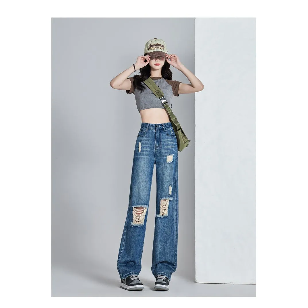 High-Waisted Thin Distressed Loose Fit Straight Leg Jeans