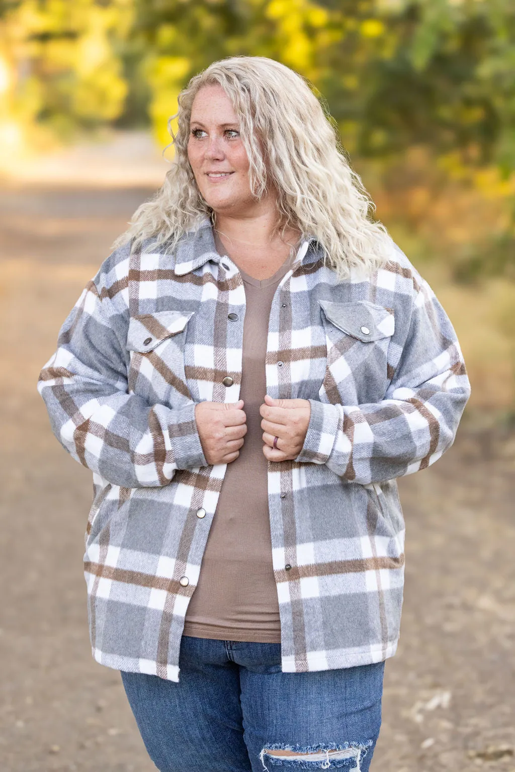 IN STOCK Norah Plaid Shacket - Grey and Tan