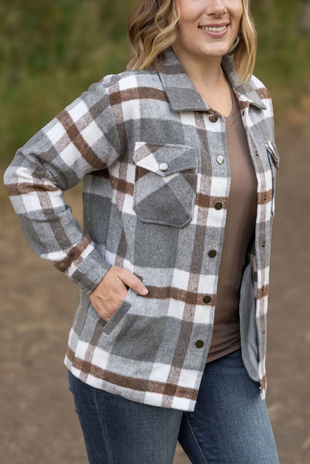 IN STOCK Norah Plaid Shacket - Grey and Tan