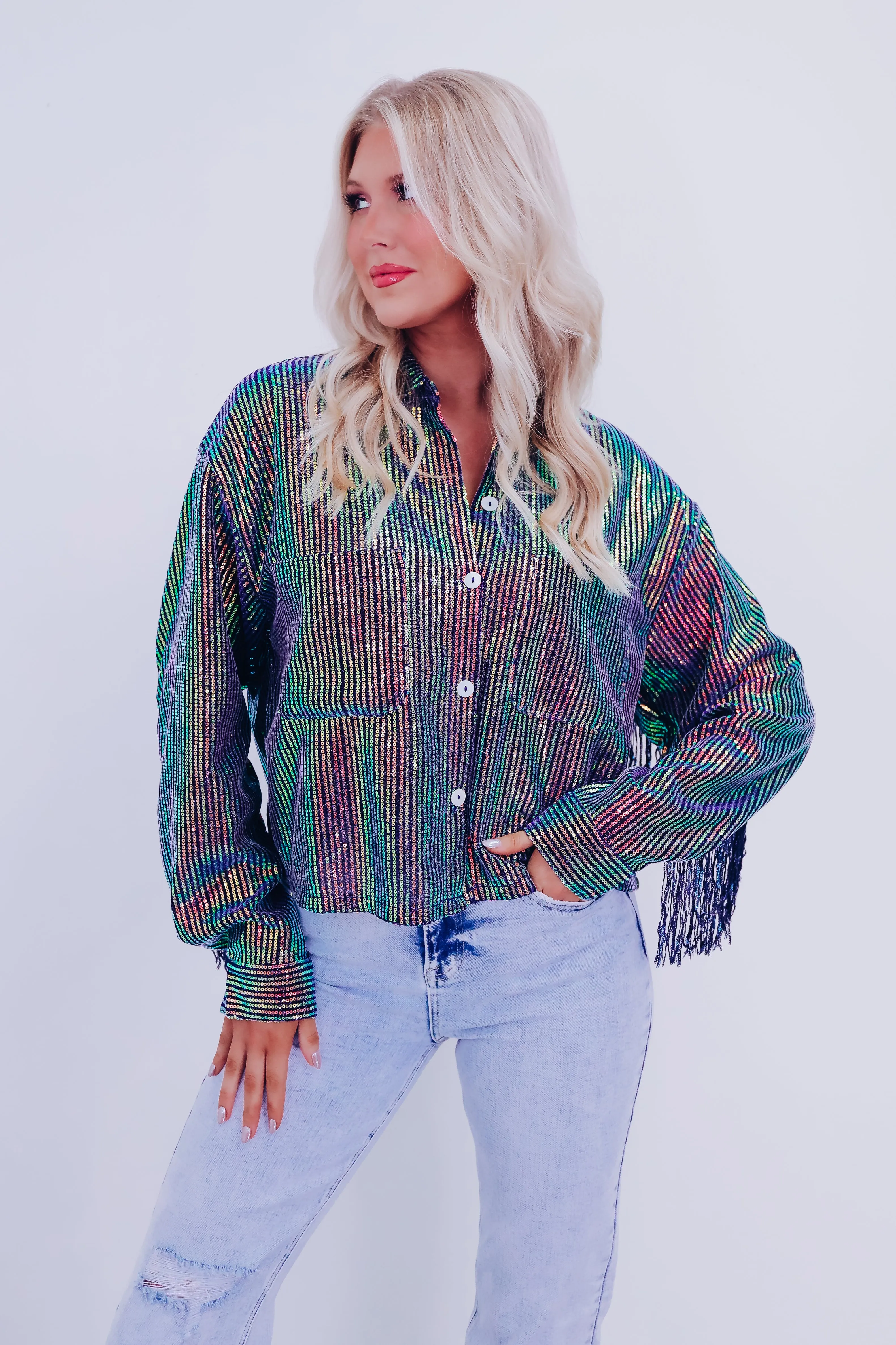 Irina Iridescent Fringe Shacket - Dark Blue