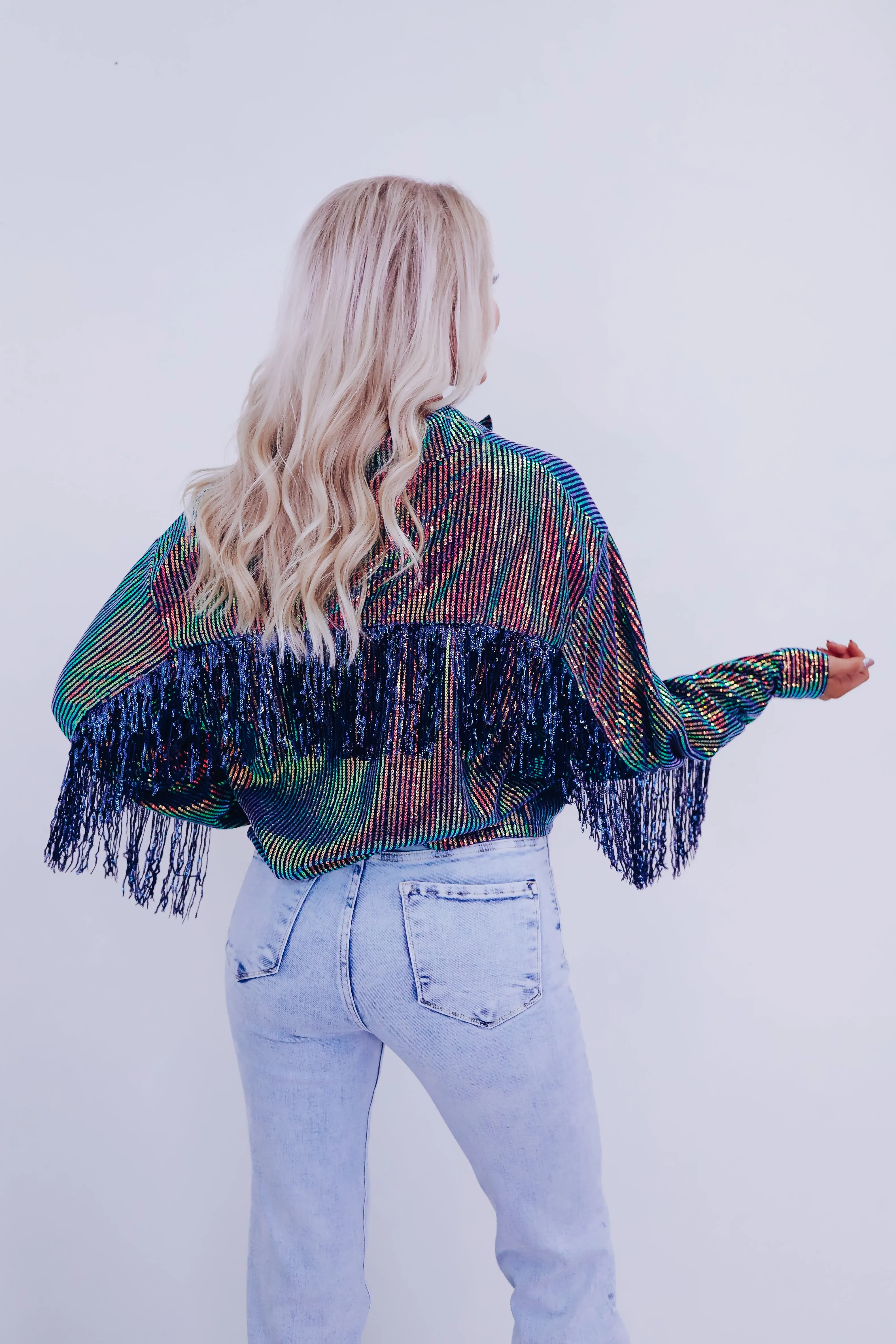 Irina Iridescent Fringe Shacket - Dark Blue