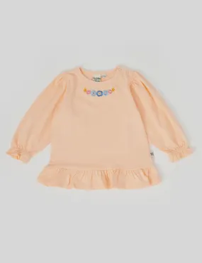 Isla Embroidered Frill Hem Top - Peach