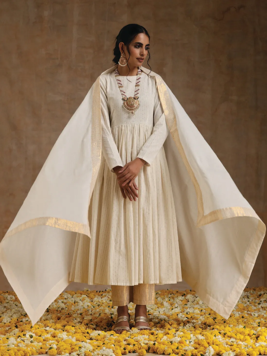 Ivory Gold Cotton Anarkali Set