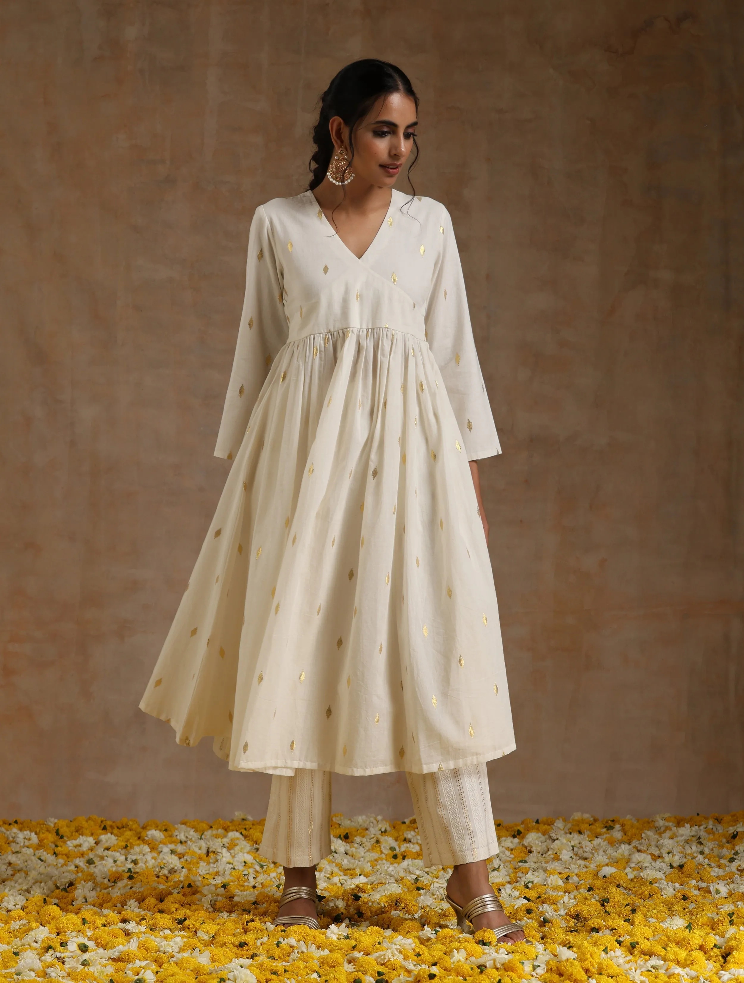 Ivory Gold Cotton Kalidar Kurta Set