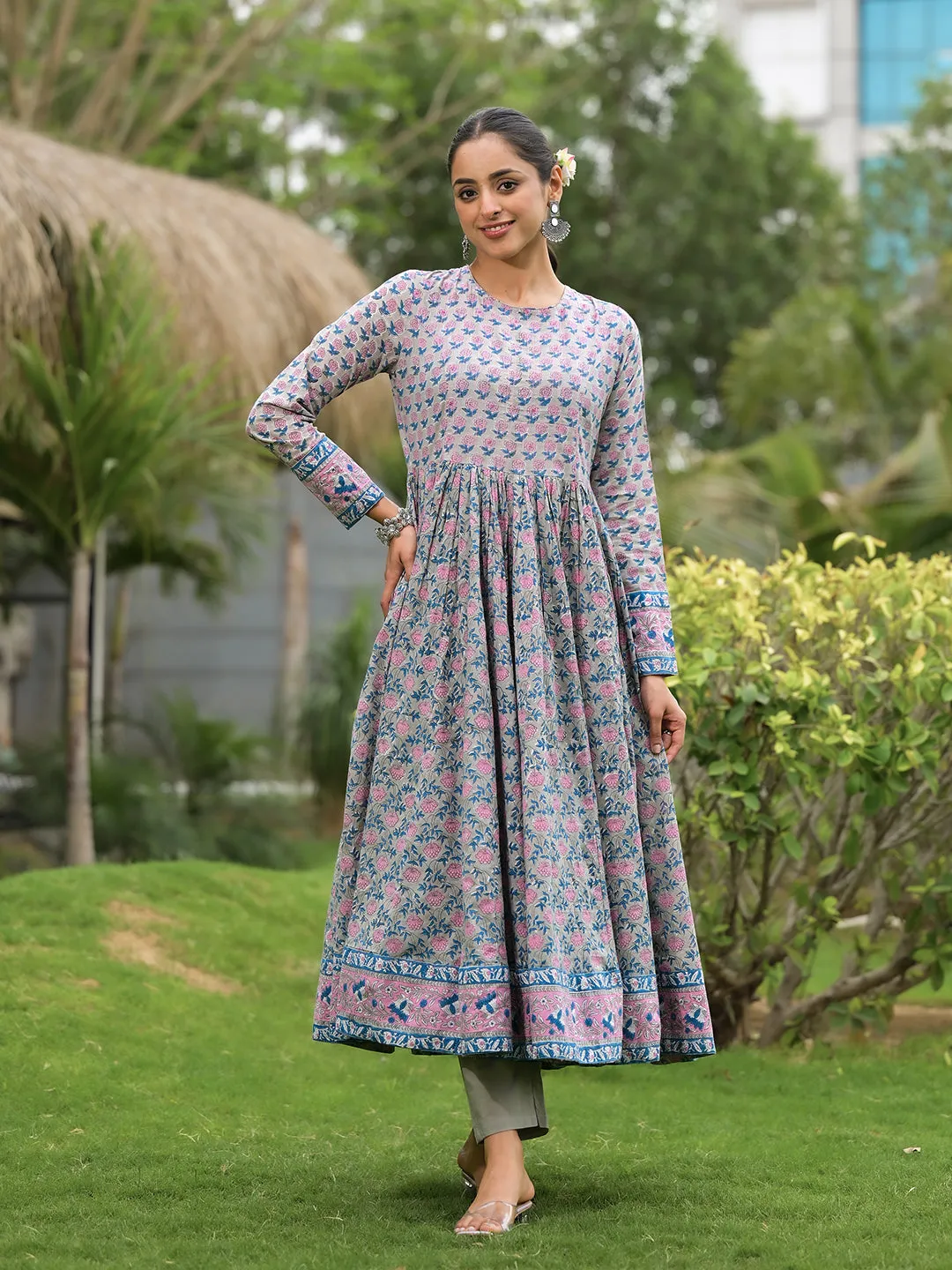 Jashvi Floral Printed Round Neck Pure Cotton Anarkali Kurta With Trousers & Dupatta