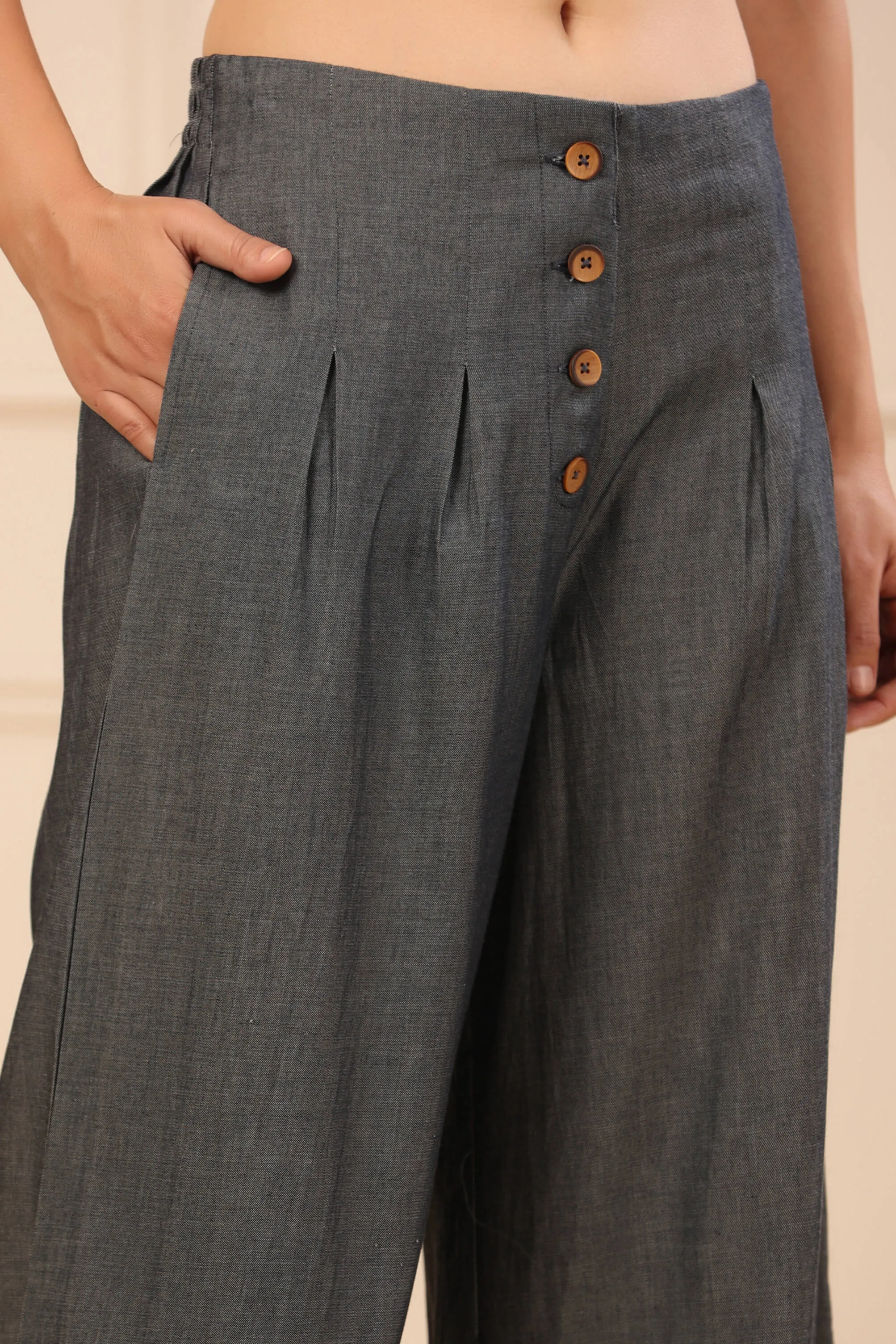 Jashvi Grey Solid Denim Flared Palazzos with a Button Closure & Partially Elasticated Waistband