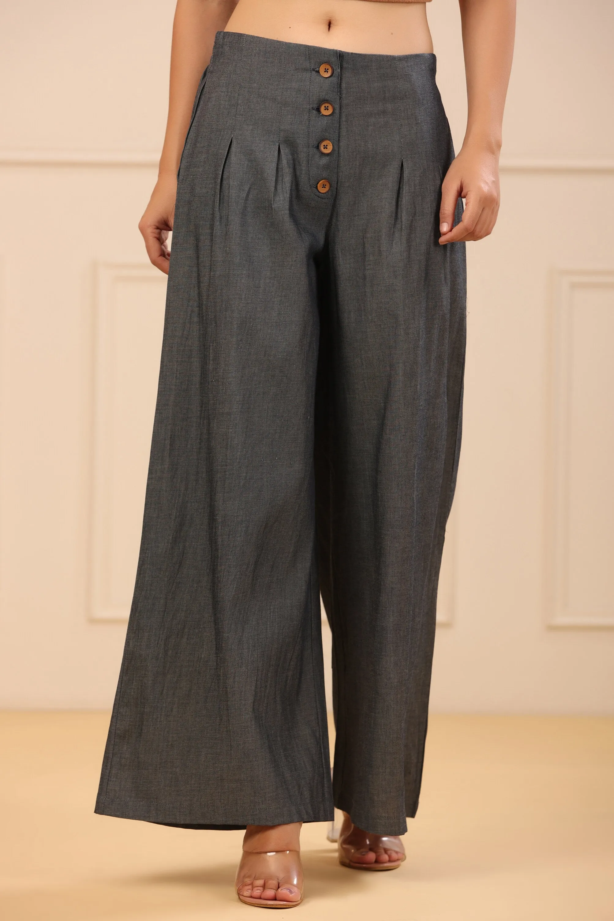 Jashvi Grey Solid Denim Flared Palazzos with a Button Closure & Partially Elasticated Waistband