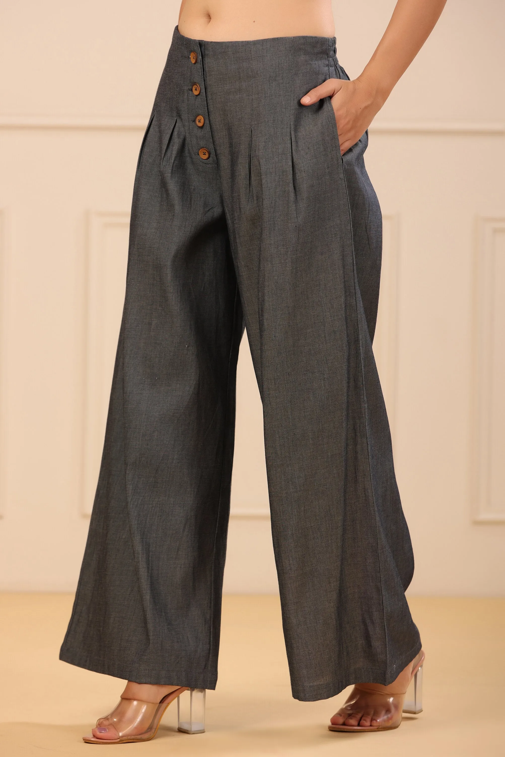 Jashvi Grey Solid Denim Flared Palazzos with a Button Closure & Partially Elasticated Waistband