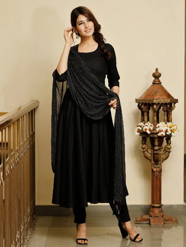 Jet Black Gold Dotted Rayon Anarkali Kurta Set (Set of 3)