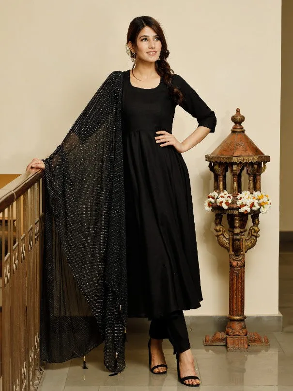 Jet Black Gold Dotted Rayon Anarkali Kurta Set (Set of 3)